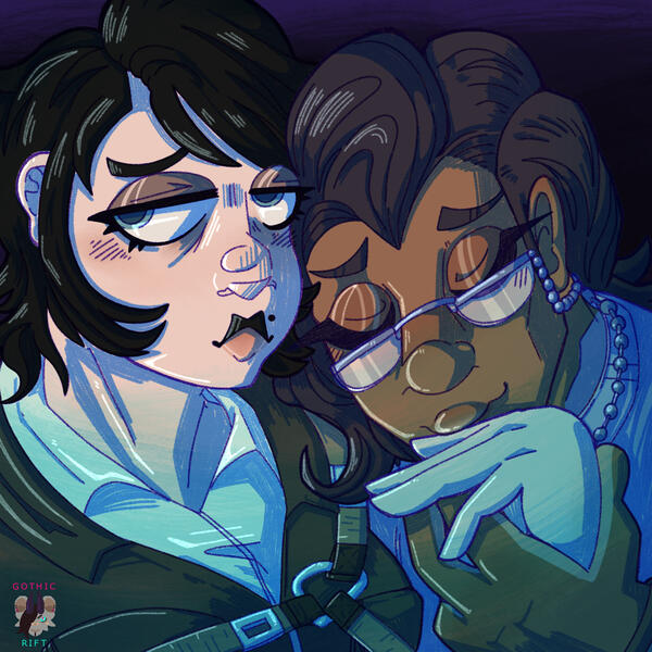 @statueofeden ‘s FO4 oc Ann with mine, Nick. Nick is kissing her hand very sweetly.