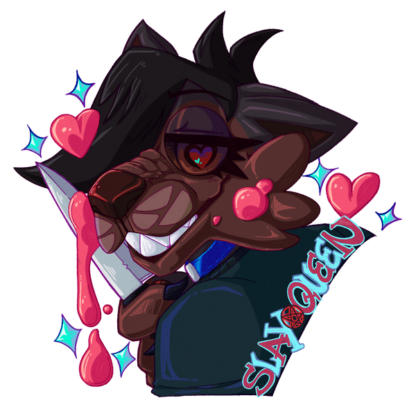 Slay Queen headshot of an Anthro cat with a knife the knife has blood on it, and it says “Slay Queen” in bold letters on her back