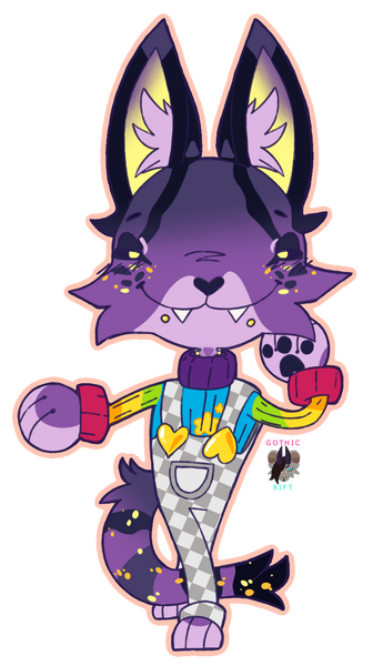 Nix Purple anthro cat with white and grey checkered overalls and a rainbow sweater being sassy
