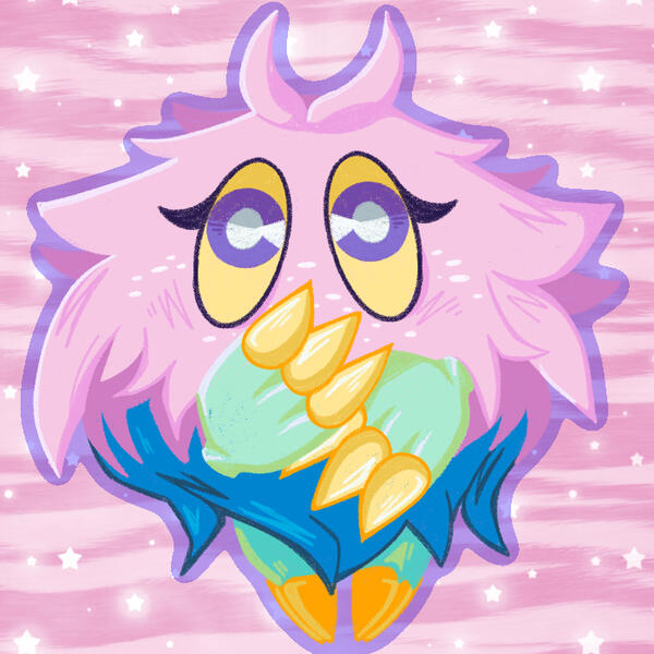 Drawing of a small puff ball from Yu-Gi-Oh (Kuriboh) in trans flag colors
